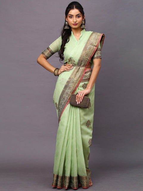 

ODETTE Green & Pink Ethnic Motifs Zari Silk Blend Banarasi Saree
