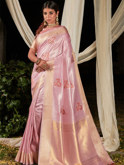 

ODETTE Pink & Gold-Toned Floral Zari Silk Blend Saree