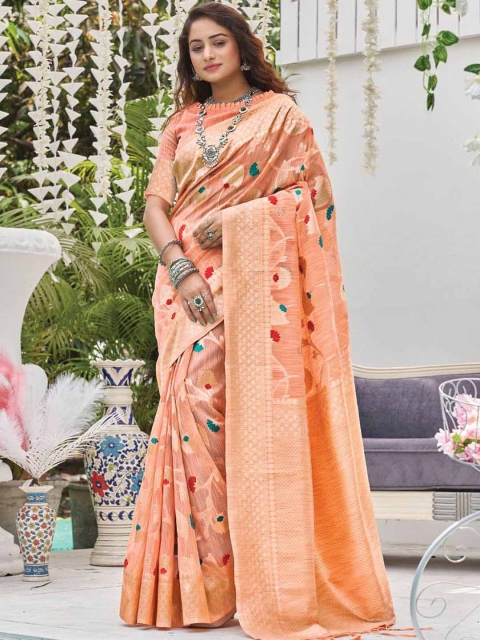 

ODETTE Peach-Coloured & Gold-Toned Ethnic Motifs Zari Linen Blend Saree