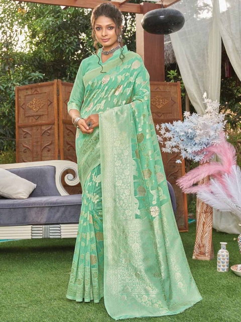 

ODETTE Sea Green & Gold-Toned Ethnic Motifs Zari Linen Blend Saree