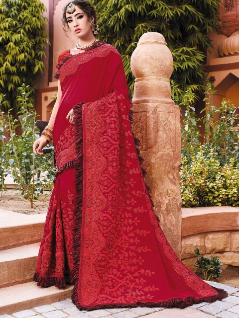 

ODETTE Red Floral Embroidered Art Silk Saree
