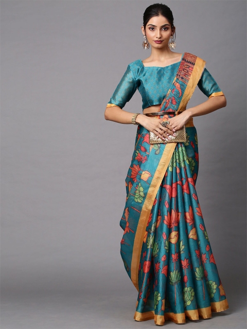 

ODETTE Kalamkari Printed Linen Blend Saree, Teal