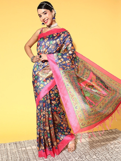 

ODETTE Ethnic Motifs Printed Silk Blend Saree, Blue