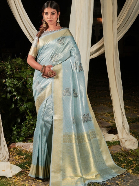 

ODETTE Blue & Gold-Toned Woven Design Zari Silk Blend Saree