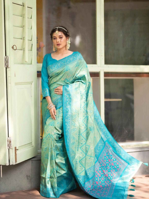 

ODETTE Blue & Gold-Toned Woven Design Zari Silk Blend Patola Saree