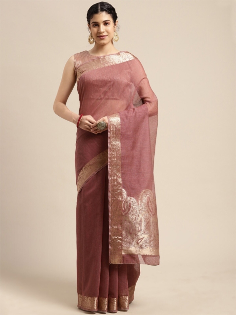 

ODETTE Mauve & Gold-Toned Zari Linen Blend Saree