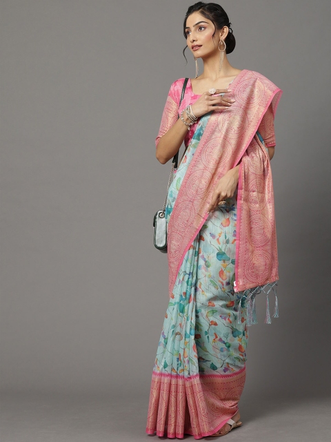 

ODETTE Blue & Pink Floral Printed Zari Silk Blend Saree