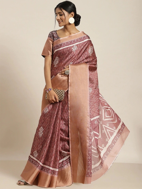 

ODETTE Mauve & Beige Ethnic Motifs Printed Zari Silk Blend Saree