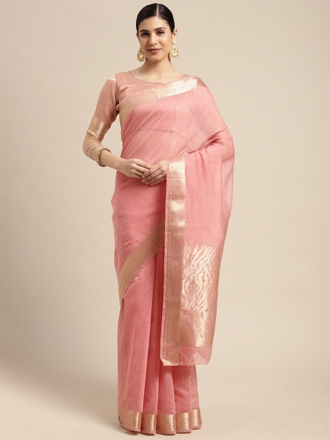 

ODETTE Pink & Gold-Toned Zari Linen Blend Taant Saree