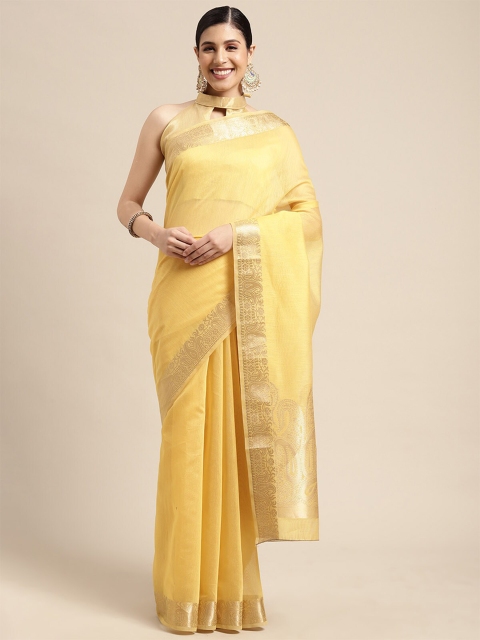 

ODETTE Yellow & Gold-Toned Zari Linen Blend Taant Saree
