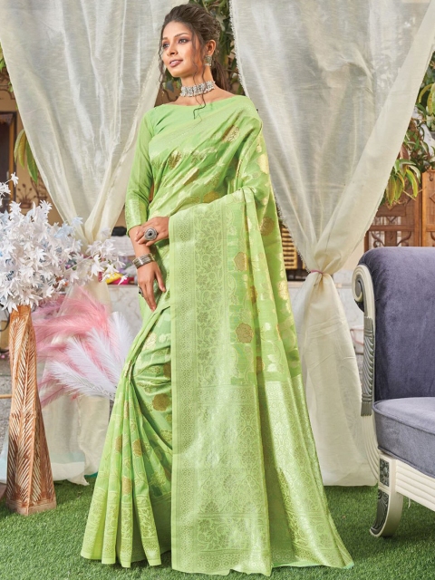 

ODETTE Green & Gold-Toned Floral Zari Linen Blend Saree