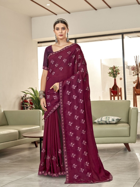 

ODETTE Purple & Gold-Toned Floral Embroidered Art Silk Saree