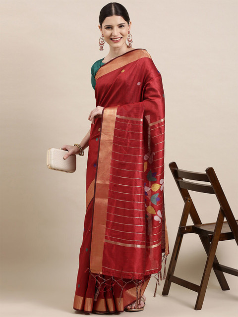 

ODETTE Maroon & Gold-Toned Woven Design Zari Silk Cotton Banarasi Saree
