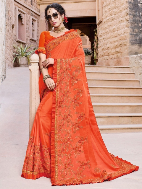 

ODETTE Orange & Gold-Toned Floral Embroidered Art Silk Saree