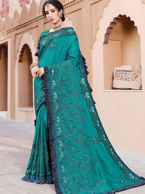 

ODETTE Teal & Violet Floral Embroidered Art Silk Saree