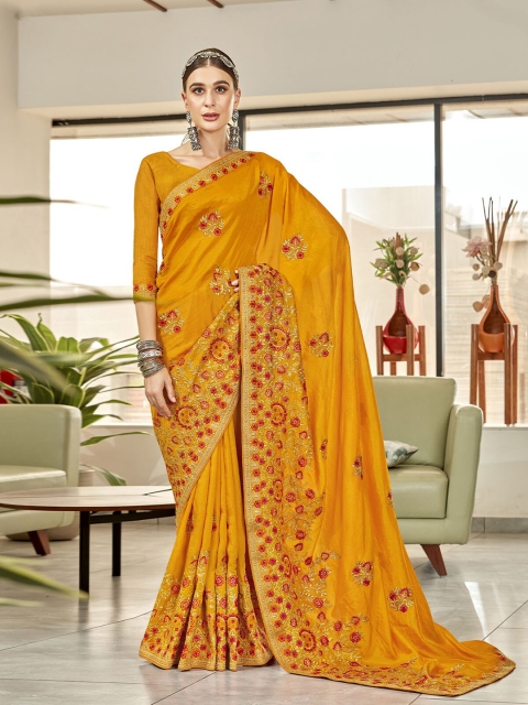 

ODETTE Yellow & Red Designer Thread Embroidered Floral Art Silk Saree