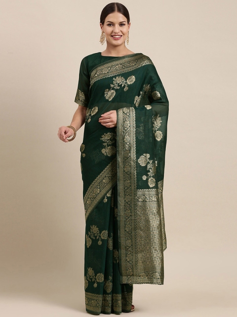 

ODETTE Teal & Gold-Toned Floral Woven Design Linen Blend Banarasi Saree