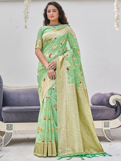 

ODETTE Green & Red Floral Zari Linen Blend Saree