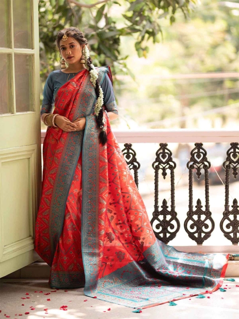 

ODETTE Orange & Blue Floral Zari Silk Blend Saree