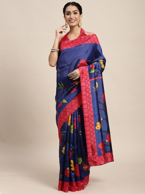 

ODETTE Blue & Red Floral Printed Silk Blend Saree