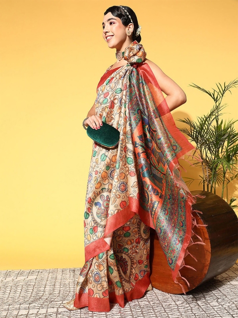 

ODETTE Beige & Green Ethnic Motifs Silk Blend Saree