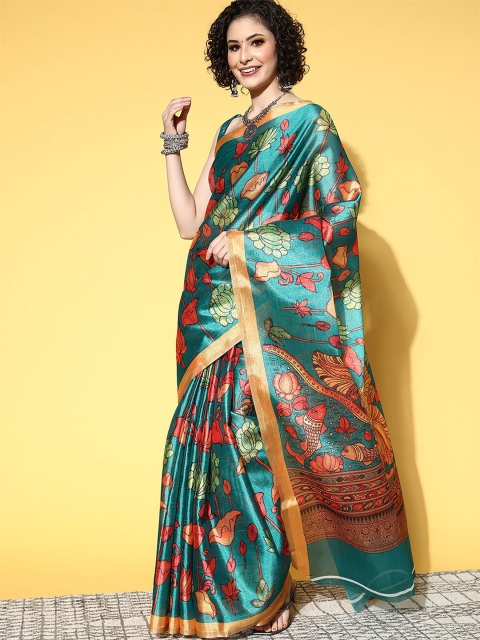 

ODETTE Teal & Orange Floral Printed Linen Blend Saree