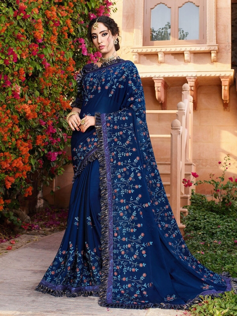 

ODETTE Blue & Red Floral Embroidered Art Silk Saree