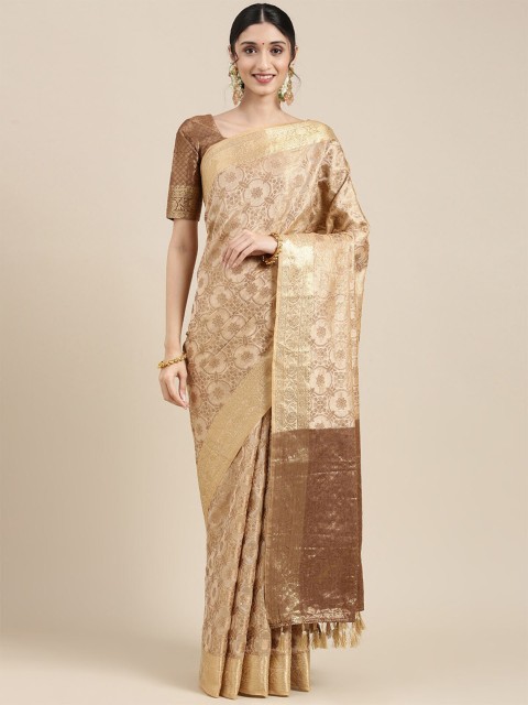 

ODETTE Cream-Coloured & Brown Woven Design Zari Silk Blend Kanjeevaram Saree