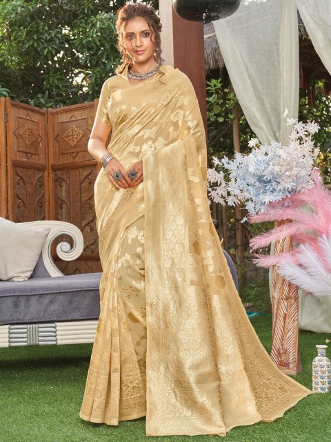 

ODETTE Beige & Gold-Toned Ethnic Motifs Zari Linen Blend Saree