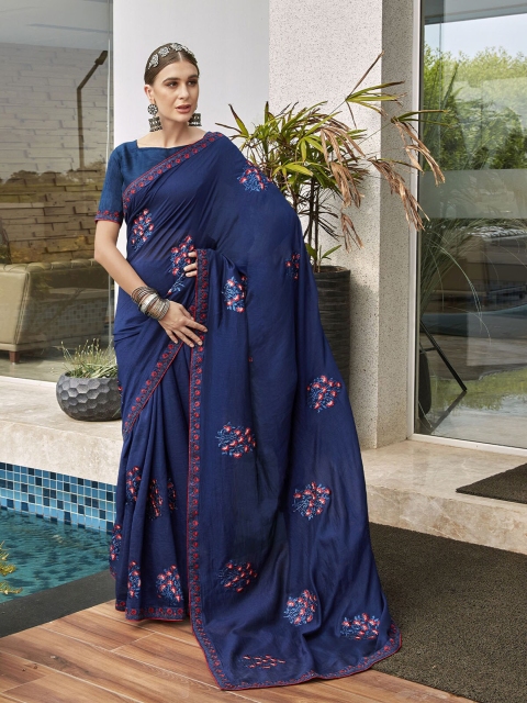 

ODETTE Blue & Red Floral Embroidered Art Silk Saree