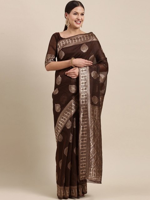 

ODETTE Brown & Gold-Toned Woven Design Zari Linen Blend Banarasi Saree