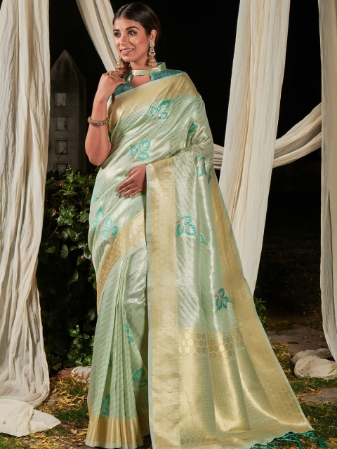 

ODETTE Green & Gold-Toned Floral Zari Silk Blend Saree