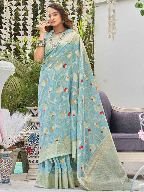 

ODETTE Blue & Red Floral Zari Linen Blend Saree