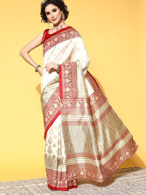 

ODETTE White & Red Woven Design Zari Silk Blend Saree