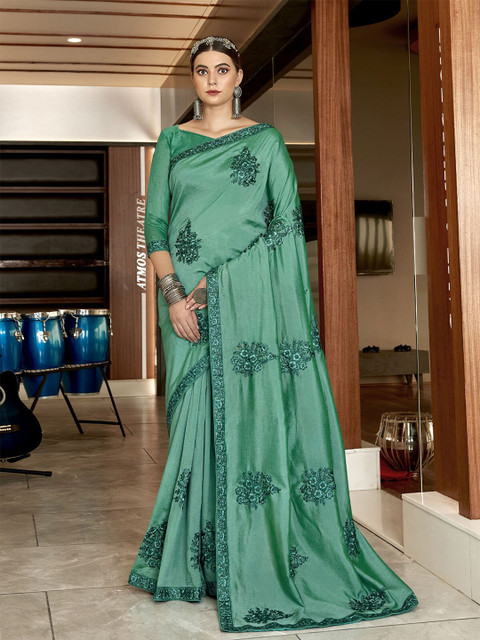 

ODETTE Teal Floral Embroidered Art Silk Saree