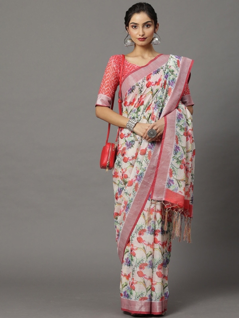 

ODETTE Off White & Pink Floral Zari Linen Blend Banarasi Saree
