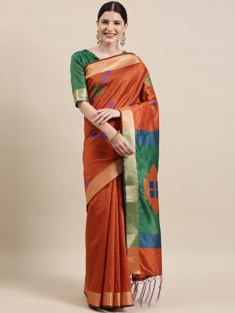 

ODETTE Orange & Green Zari Silk Cotton Banarasi Saree