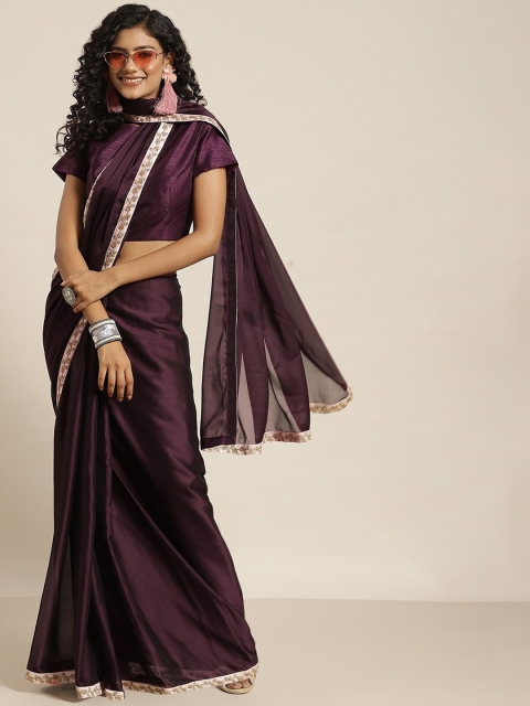 

ODETTE Purple & Gold-Toned Embroidered Saree With Blouse