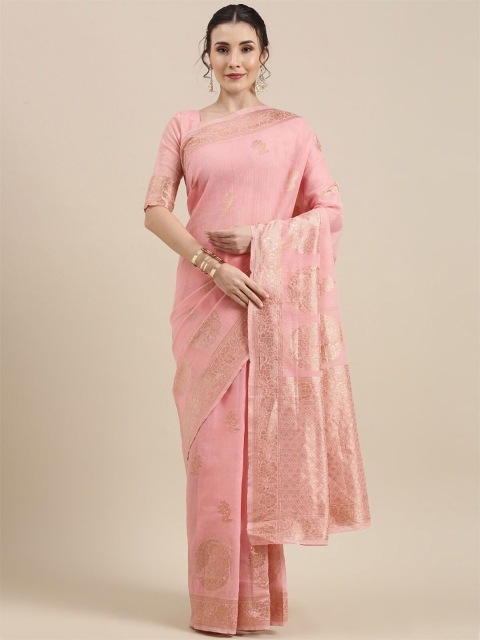 

ODETTE Pink & Gold-Toned Woven Design Zari Linen Blend Banarasi Saree