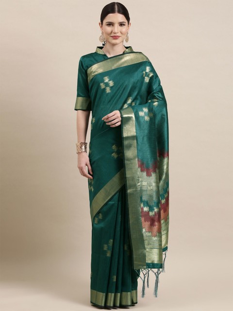 

ODETTE Teal & Gold-Toned Woven Design Zari Silk Cotton Banarasi Saree