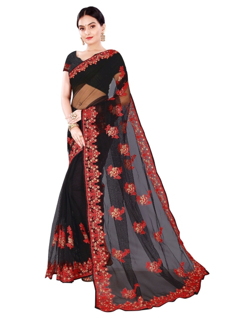 

ODETTE Black & Red Floral Embroidered Net Saree