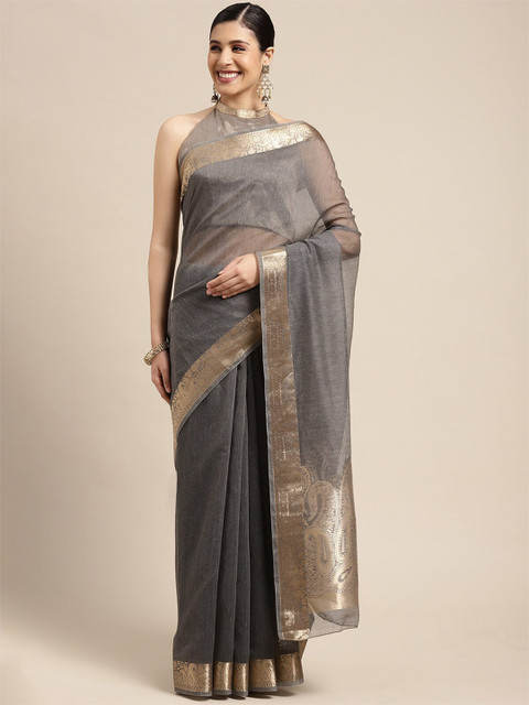 

ODETTE Charcoal & Gold-Toned Zari Linen Blend Taant Saree