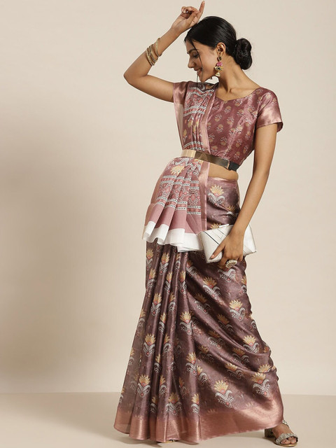 

ODETTE Mauve & White Floral Silk Blend Saree