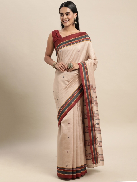 

ODETTE Beige & Grey Ethnic Motifs Silk Blend Saree