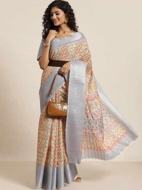 

ODETTE Grey & Red Ethnic Motifs Zari Silk Blend Saree