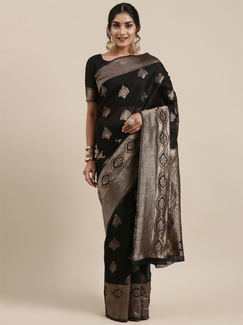 

ODETTE Black & Gold-Toned Ethnic Motifs Zari Linen Blend Banarasi Saree