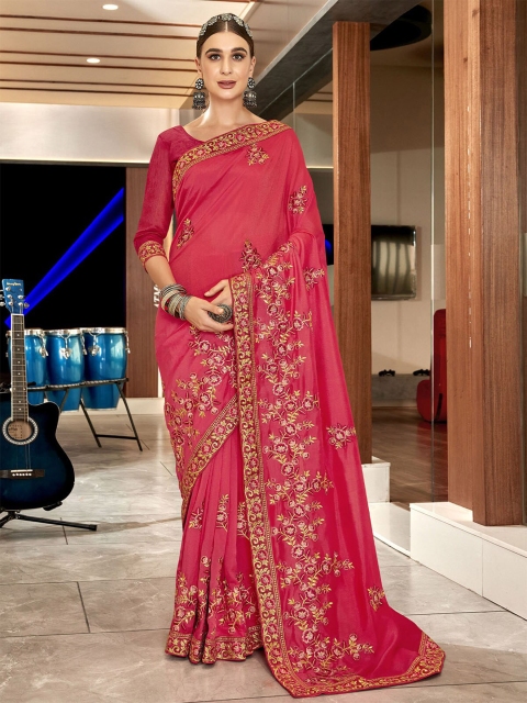

ODETTE Pink & Gold-Toned Floral Embroidered Art Silk Saree