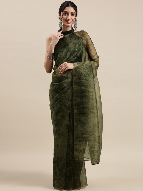 

ODETTE Olive Green Floral Printed Organza Saree