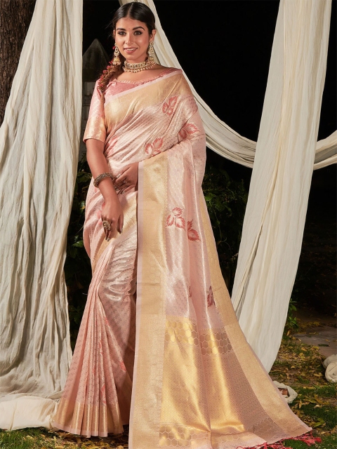 

ODETTE Peach-Coloured & Gold-Toned Woven Design Zari Silk Blend Saree