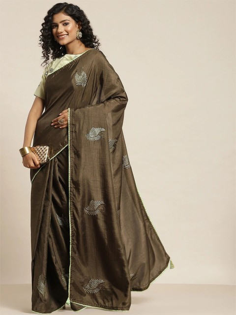 

ODETTE Olive Green & Grey Woven Design Silk Blend Saree